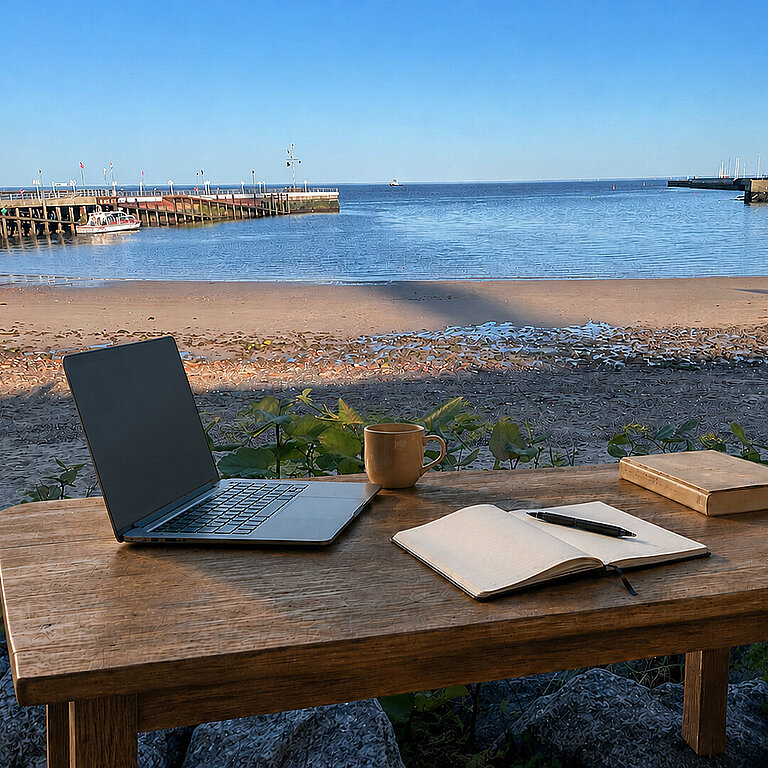 Foto von einem Schreibtisch mit Laptop, Kaffeebecher, Notizbuch am Südstrand von Helgoland